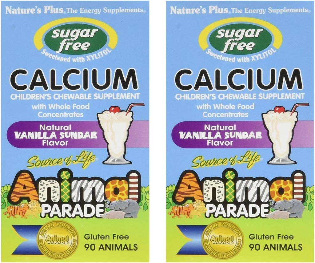 NaturesPlus Animal Parade Sugar-Free Laste Kaltsium, Vanilla Sundae Maitse - 90 närimistablettid, Pakend 2 - Magneesium Luude Tervis - Gluteenivaba - 90 Servings