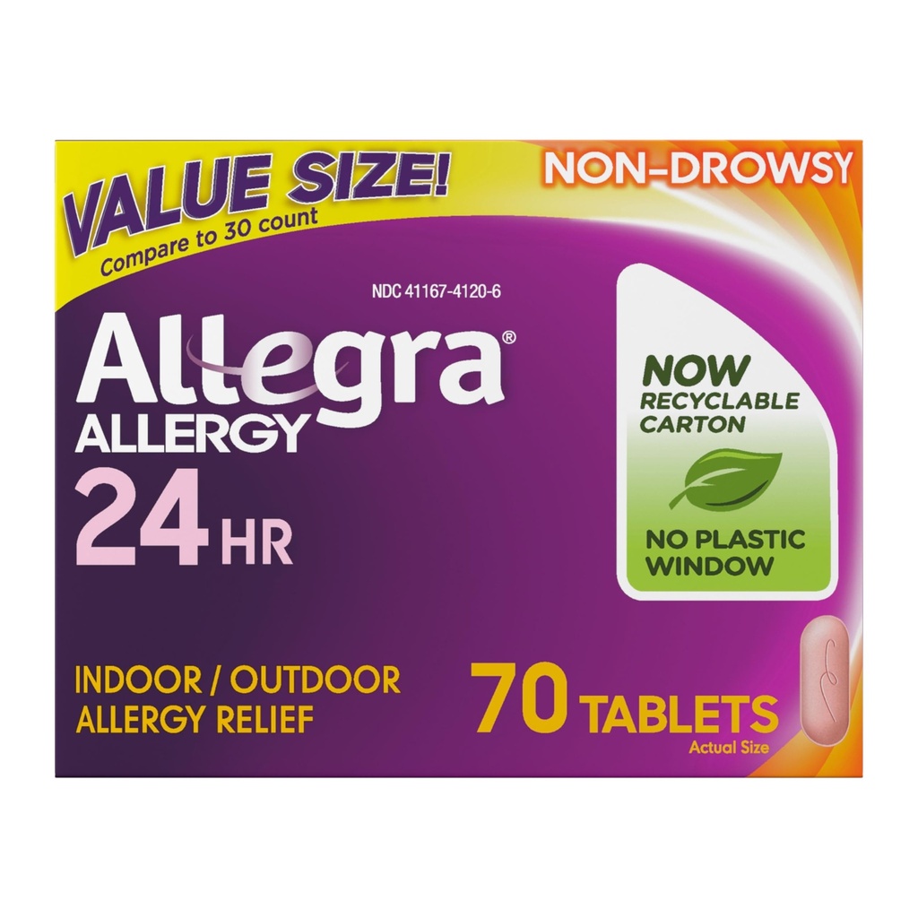 Allegra Täiskasvanud 24-tunnise allergia leevendamise tabletid , mitteuimas sise- ja välisallergiameditsiin , 180 mg Fexofenadiin HCI antihistamiini tabletid , 70- loeng