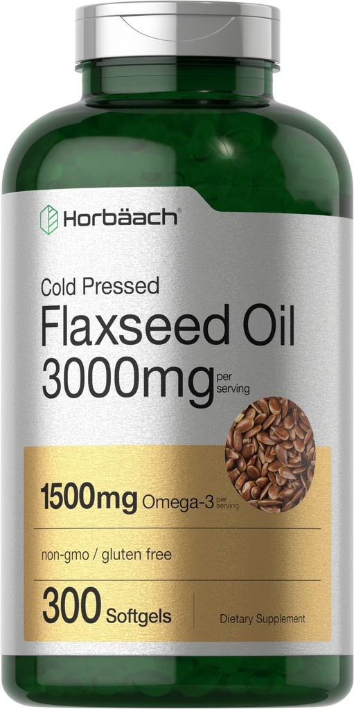 Horbäach Flaxseed Oil Softgel Capsules 3000mg | 300 Count | High Potency | with Omega 3 6 9 | Non-GMO, Gluten Free | Cold Pressed Flax Seeme