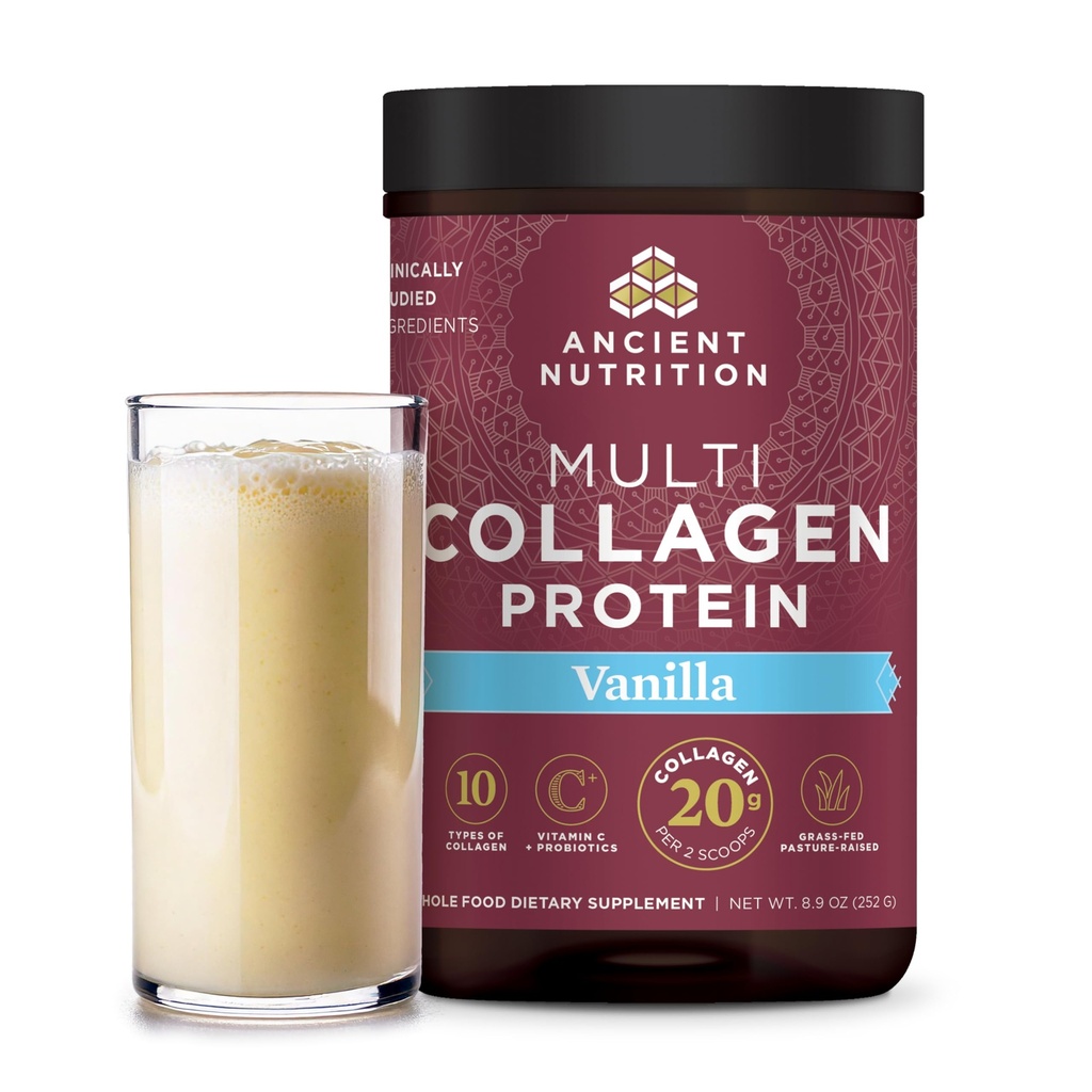 Ancient Nutrition Kollageen Peptiidid Pulber, Multi kollageeni valk, naised ja mehed, C-vitamiin, probiootikumid, hüdrolüüsitud kollageen, toetab nahka, liigeseid, soolestiku tervist, Vanilla, 24 Servings
