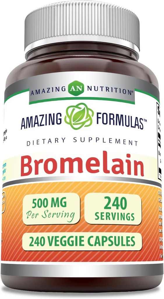 Amazing Formulas Bromelain 500mg 2400 GDU, Veggie kapslid | Non-GMO | Gluteenivaba | Valmistatud USAs | Ideaalne taimetoitlastele (240 Count)