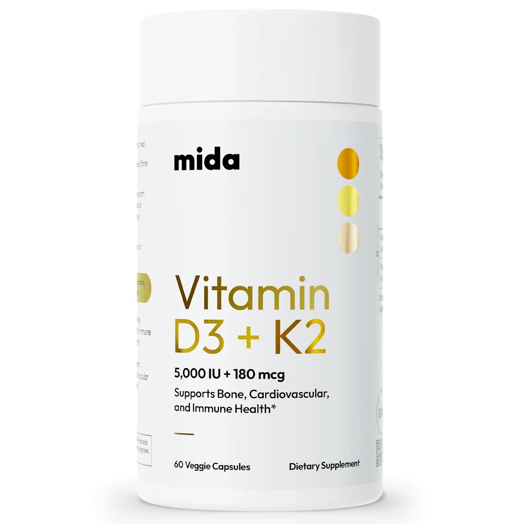 Mida Health® D3 K2 Vitamiin 5000 RÜ koos MK-7 | Looduslik lisand luudele, südamele ja immuunsüsteemile | Täiskasvanud Vegankapslid | 60 Servingut