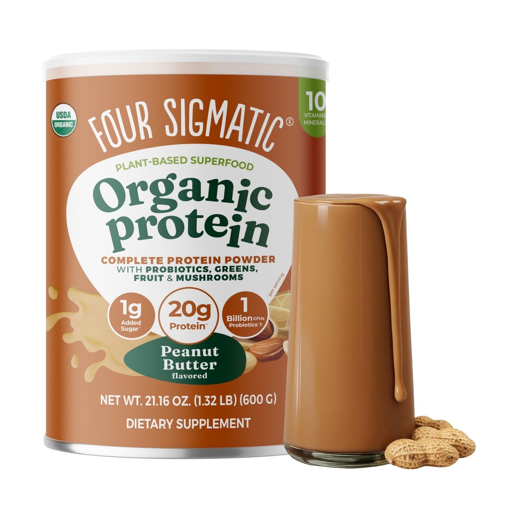 Four Sigmatic Organic Plant-Based Protein Powder | Clean Vegan Protein Elevated with Lion’s Mane, Chaga, Cordyceps and More for Brain Function and Immune Support | Peanut Butter, 21.16 oz