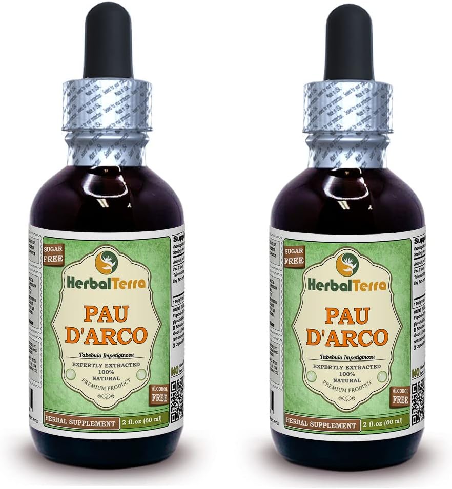 PAU d'arco (Tabebuia Impetiginosa) Glycerite, kuivatatud koore alkoholivaba vedelik ekstrakt (Brändinimetus: HerbalTerra, uhkelt valmistatud USAs) 2x2 fl.oz (2x60 ml)
