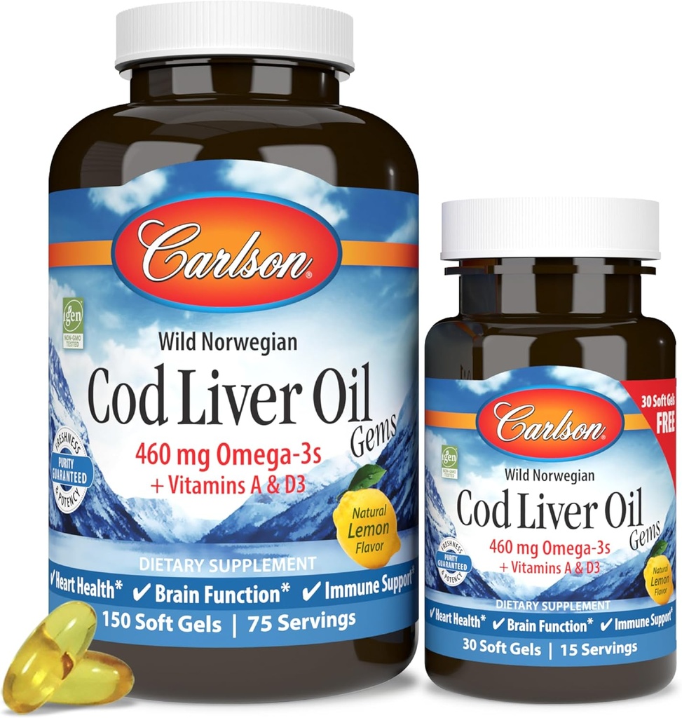 Carlson - tursamaksaõli Gems, 460 mg oomega-3s + vitamiinid A & D3, looduslikult püütud Norra Arktika tursamaksaõli, jätkusuutlikult hangitud Põhjamaade kalaõli kapslid, sidrun, 180 Softgels