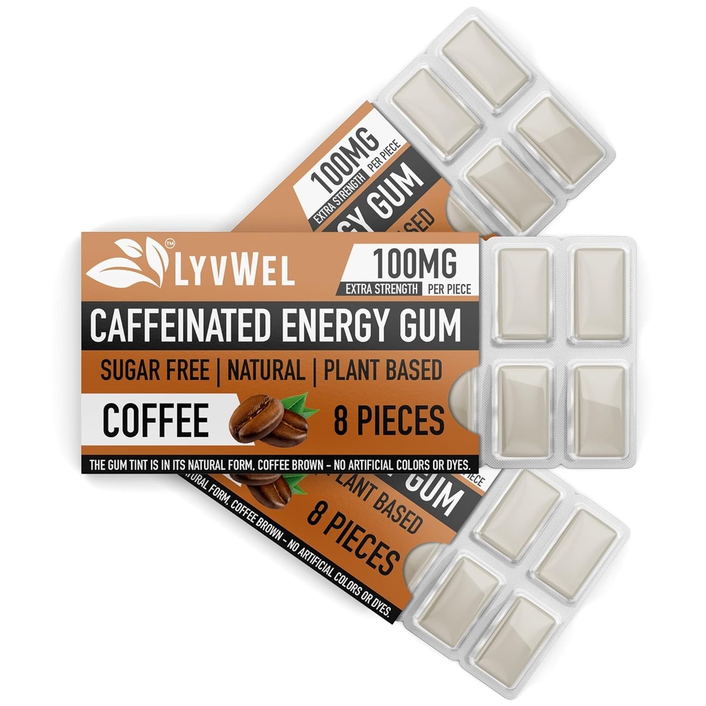 LyvWel Energy Gum | 100mg kofeiini pärli kohta | Kõik looduslikud | Suhkruvaba Pre-Workout Boost: teie oluline energialisa, et jääda ärkama - 3 pakendit (kohvi)