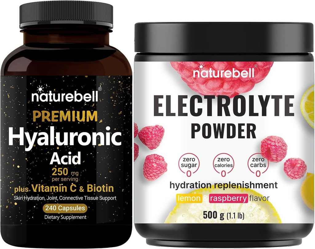 NatureBell hüaluroonhappe kapslid biotiini + C-vitamiini ja elektrolüütide hüdratatsiooni pulbripakend | Täielik iluhoolduskompleks | Tõeline kookosvee elektrolüüdid
