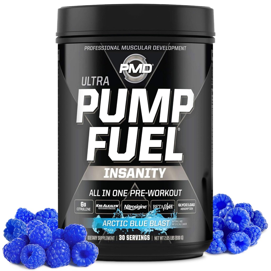 PMD Sport Pump Fuel Ultra Insanity - Premium Pre Workout Powder & Lihaspump, Greater Focus, Endurance & Recovery, Premium Kreatiin, Arginine & Beeta Alanine - Arctic Blue Blast (30 Servings)