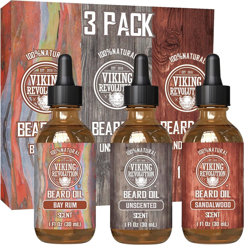 Viking Revolution Beard Oil for Men 3 Pack - Natural Mens Beard Oil Variety Set 2 - Sandalwood, Unscented ja Bay Rum Lõhnad - Habeme konditsioneerimine ja niisutamine terve habe (3 Pack, 1oz)