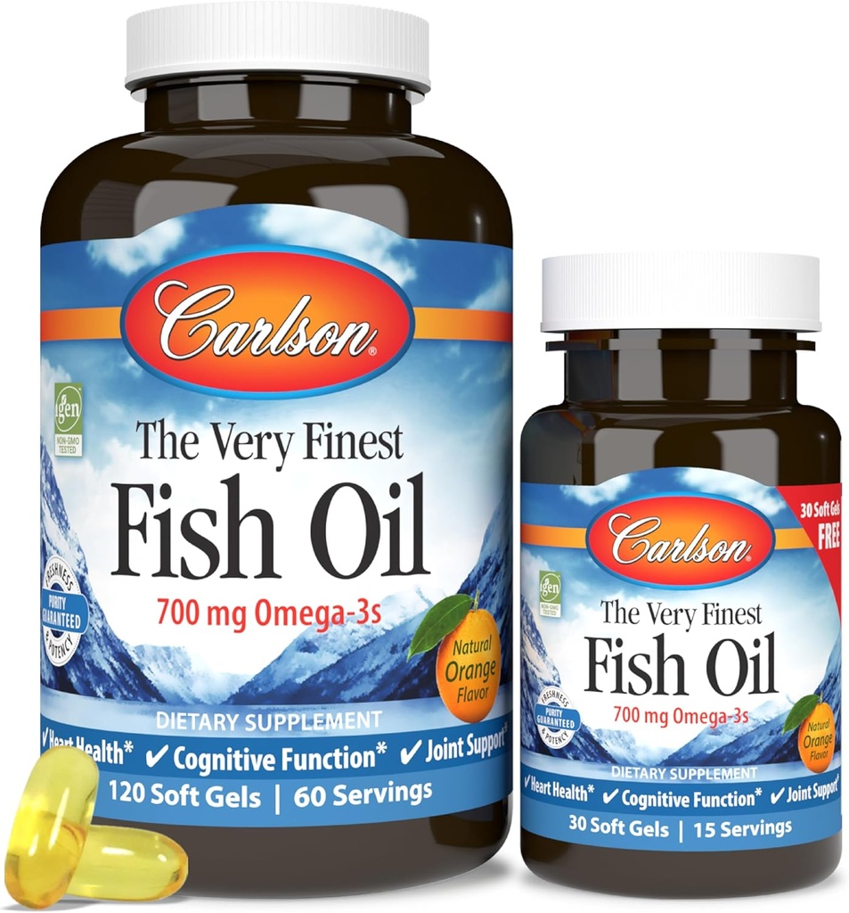 Carlson - The Very Finest Fish Oil, 700 mg Omega-3s, Norwegian Fish Oil Supplement, Wild Caught Omega-3 Fish Oil, Jätkusuutlikult Allikas Fish Oil kapslid, Omega-3 Supplement, Orange, 120+30 Softgels