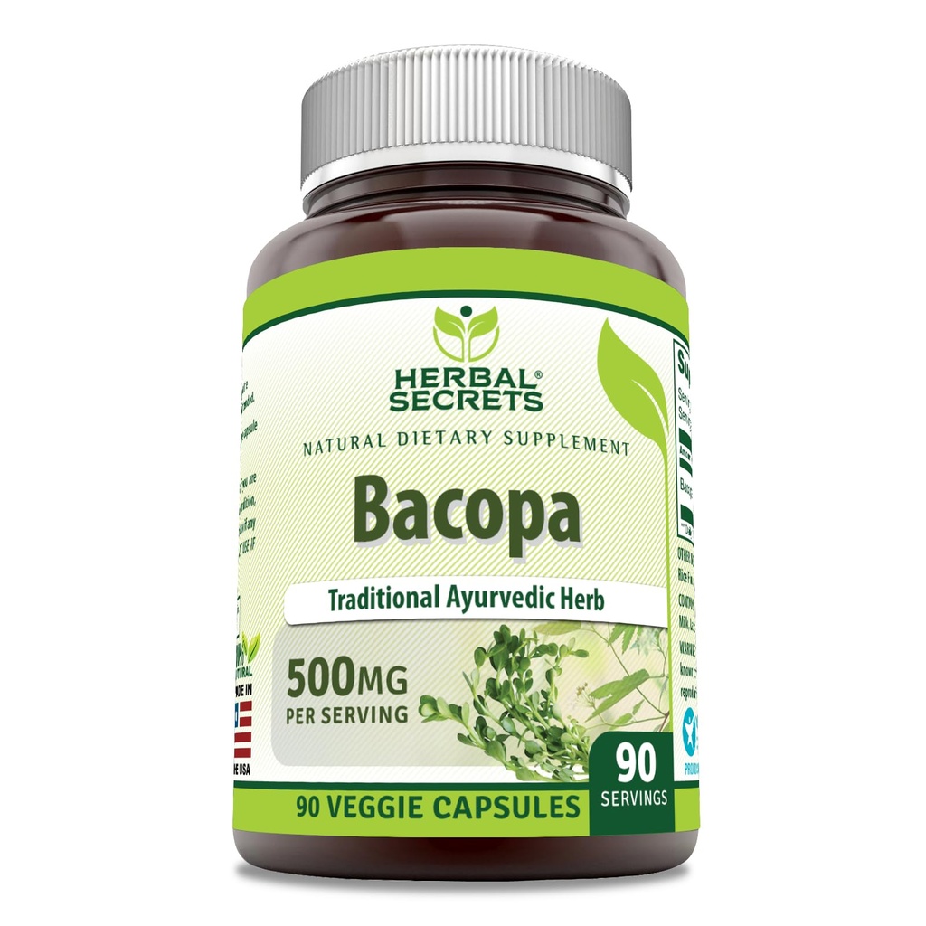 Taimsed saladused Bacopa Pulber 500 Mg 90 Veggie kapslid Täiendus | Mitte-GMO | Gluteenivaba | Valmistatud USA-s