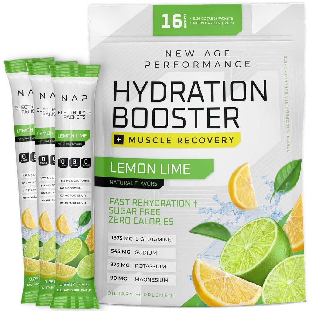 New Age Performance Hydration Packets, Electrolytes Powder, Vedelik Enhancer for Dehüdration Relief, L-Glutamiin Aminohapped Lihaste Treeningu Taastamiseks, Suhkruvaba & 0 Kalorit, 16 Pulka (Sidrunlubja)
