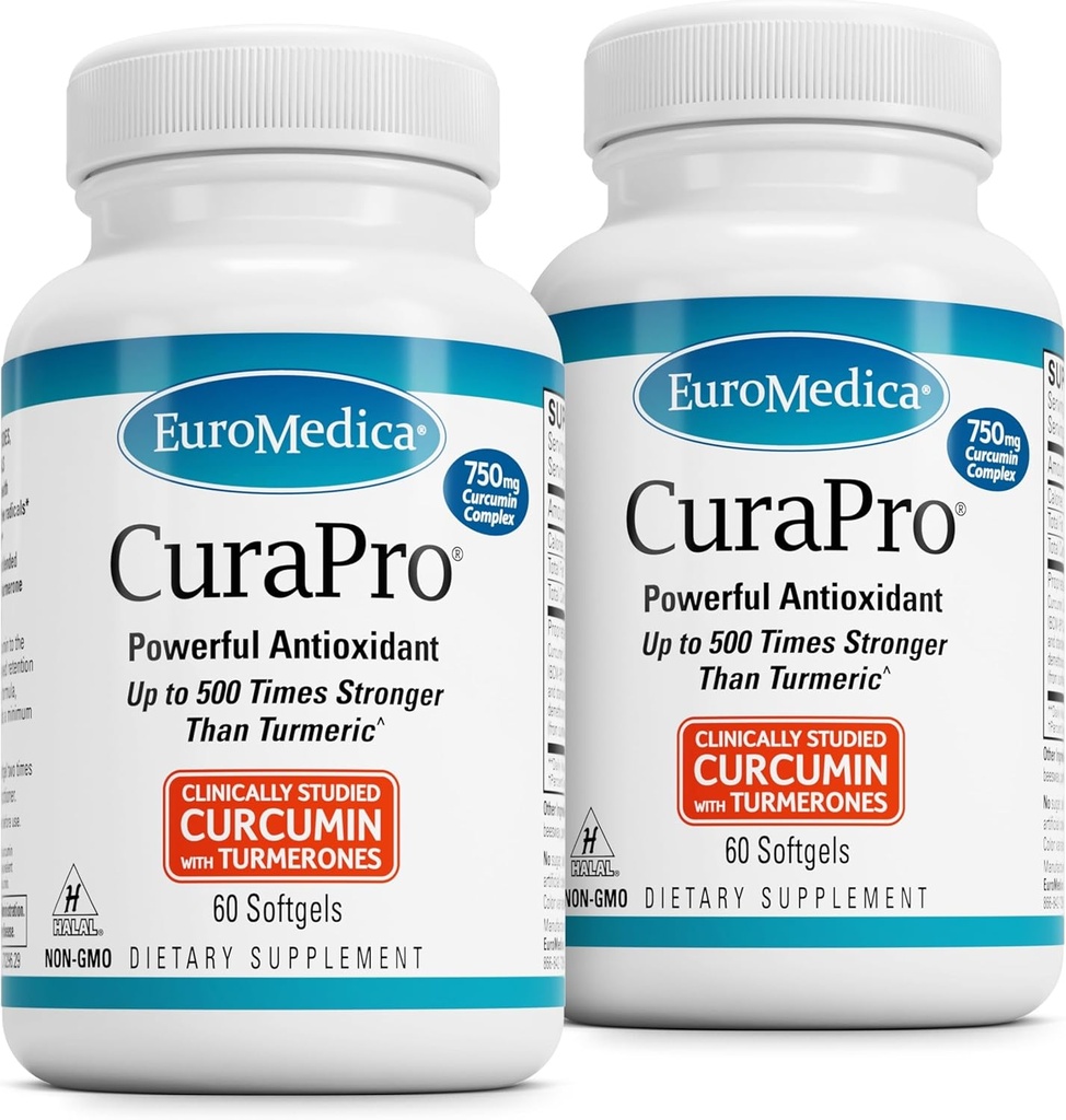 EuroMedica CuraPro - antioksüdandi lisand aju ja immuunsuse tervise toetamiseks - toidulisand kurkumiini ja kurkumi eeterliku õliga - taimse maksa tugi - 60 softgelit, 2 pakendit (120 softgelit)