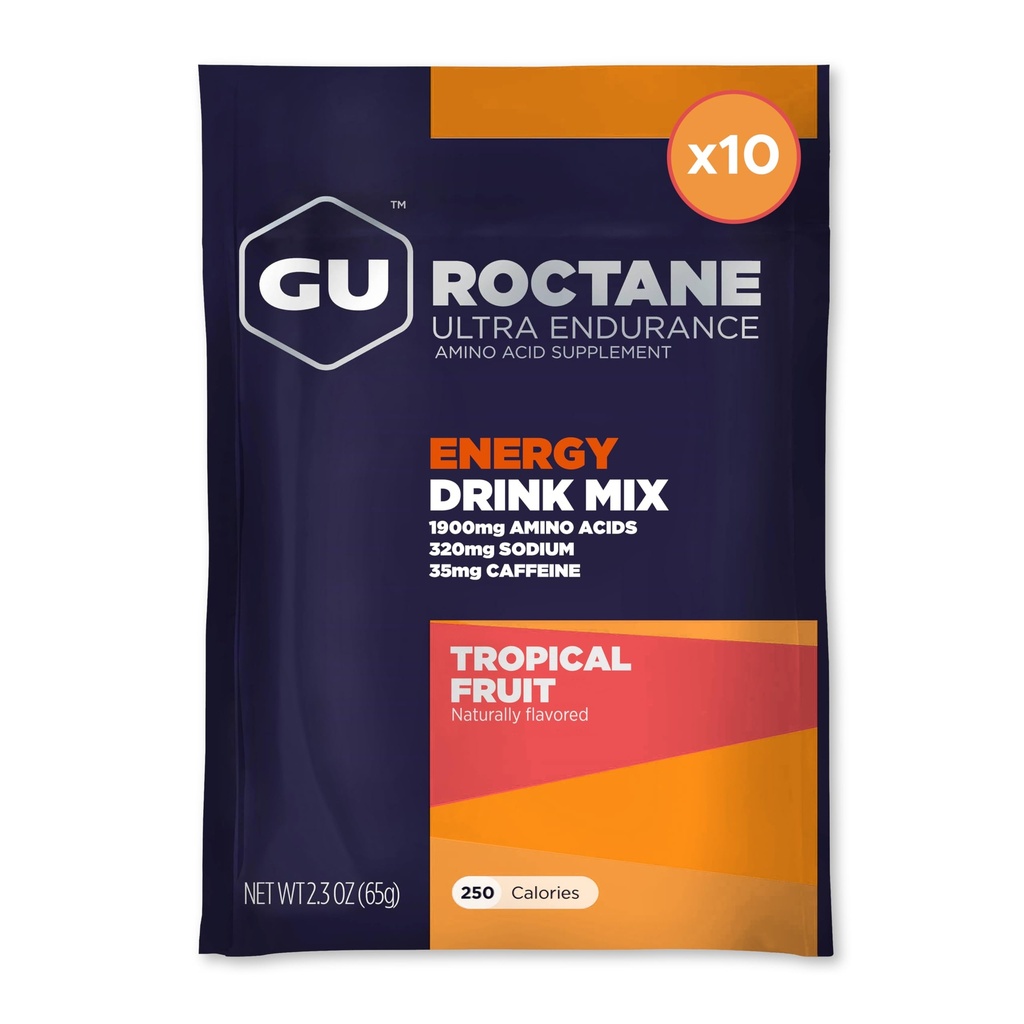 GU Energy Roctane Ultra Endurance Energy Drink Mix, Vegan, Gluteenivaba, Kosher, 35mg kofeiini ja piima-vaba n-the-Go energia iga treeningu, 10 ühe teeniva paketid, troopilised puuviljad