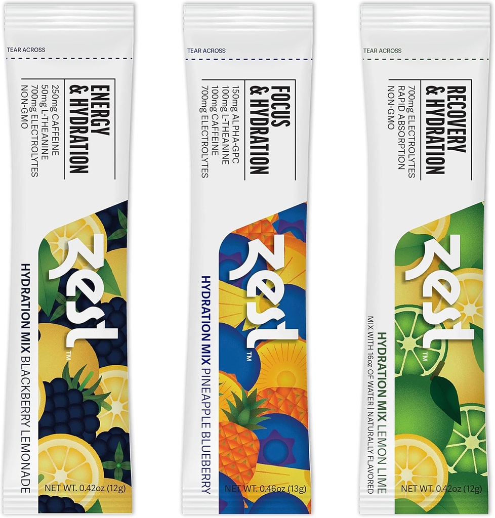 Zest Hydration Electrolyte Powder - Sordipakett - Sega w / Water - 6 reisipaketti - Madal suhkrulisand - taaskasutamine, energia ja fookusjook - IV sambad Vedel Rehüdratsioon sh sool ja kaalium