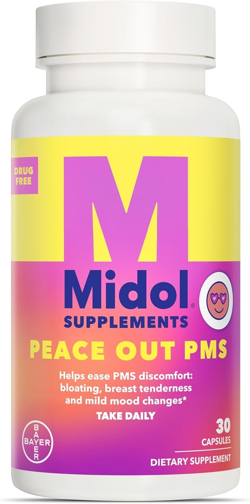 MIDOL Supplements Peace Out PMS, PMS Support Supplement, formuleeritud Chasteberryga, et aidata leevendada rindade hellust ja kergeid meeleolu muutusi, ka ingveripulbri ja Valerian Extract, 30 Count