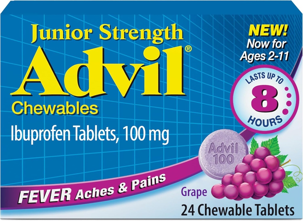 Advil Junior Näritav Ibuprofeen Valu leevendaja ja palaviku vähendaja, laste ibuprofeen valu leevendamiseks, viinamarjad - 24 tabletti