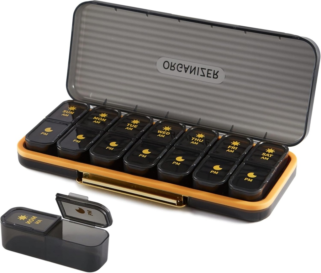 Iganädalane Pill Korraldaja 2 korda päevas - Pill Case Am Pm - Travel Pill Box 7 Day Portable Daily Vitamin Container Esteetiline meditsiin Dispenser 7 eraldi koosseisud Hommikune öö Täienduse hoidja