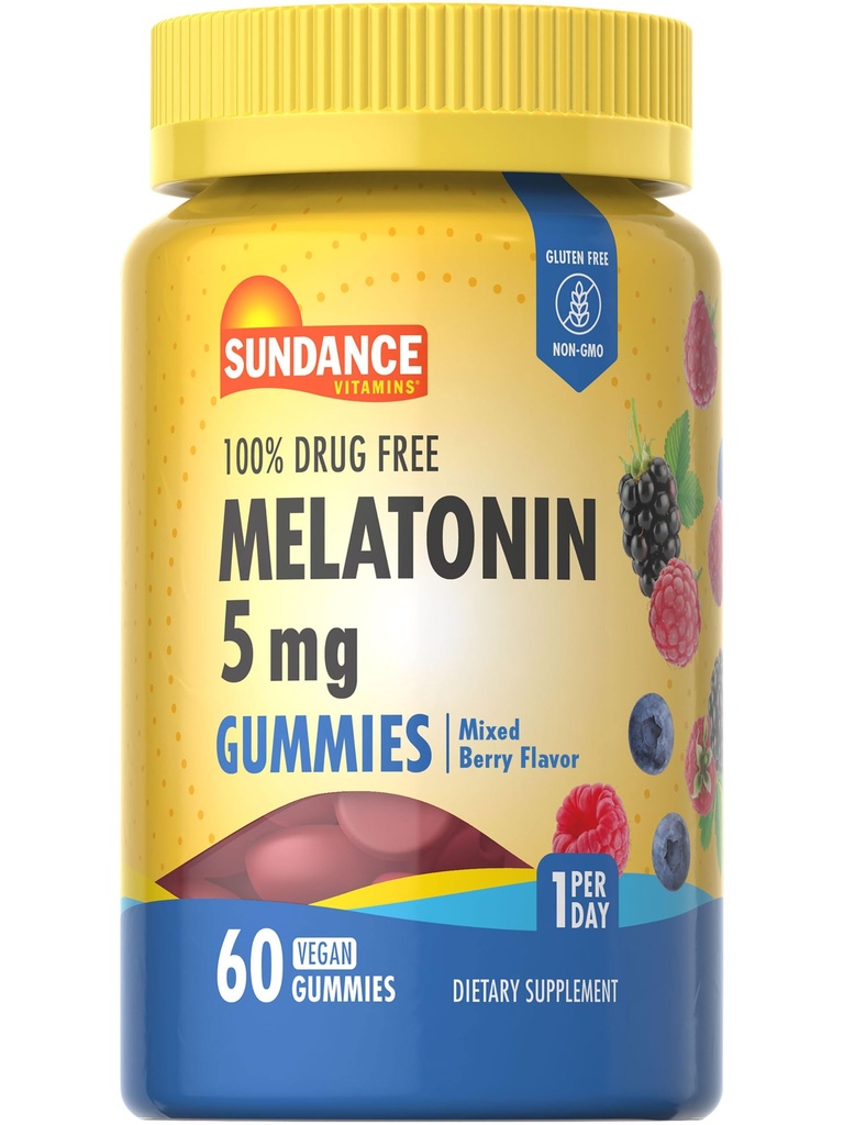 Sundance Melatoniin Gummies 5mg | 60 Count | Segatud marjamaitse | Vegan, mitte-GMO ja gluteenivaba toidulisand täiskasvanutele