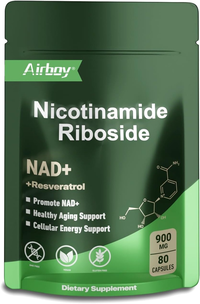 Airboy NAD täiendus koos nikotiinamiidiga Riboside Resveratrol & Quercetin 900 mg, NMNH Alternatiivne meestele ja naistele vananemisvastase võitluse, energia, fookus - 80 kapslit