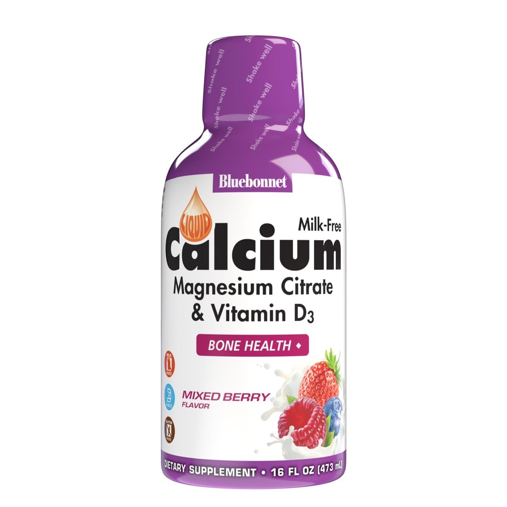 Bluebonnet Nutrition Vedel Kaltsiumtsitraat , magneesium , D3-vitamiin , luu tervis , gluteenivaba , sojavaba , piimavaba , Kosher , 16 fl oz , 32 Servings , segatud marjamaitse
