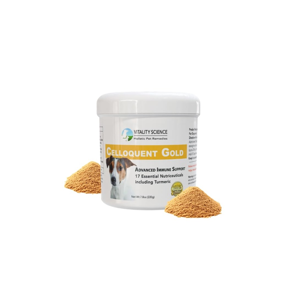 Vitality Science Celloquent Gold koertele | Holistic Advanced Immune Support Supplement | 17 tõestatud koostisosad | Autonoomne immuunsus, oksendamine ja kõhulahtisus, depressioon (220g)