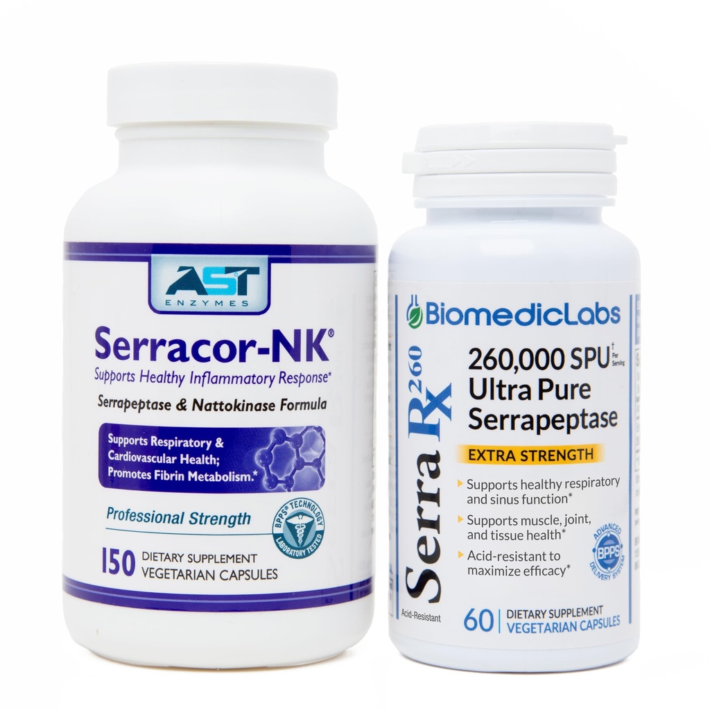 Serracor-NK & Serra-RX 260 000 SU - armkoe pakk (150 kapslit ja 60 kapslit) - happeresistentne serrapeptaas proteolüütiline süsteemne ensüüm, hingamisteede ja kopsude tugi