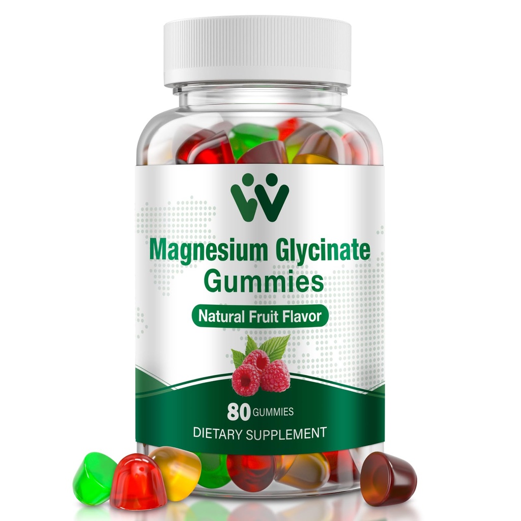 Magneesiumglütsinaatkummid 400 Mg, suhkruvabad magneesiumkummid lastele ja täiskasvanutele L-treonaadi, kaltsiumi ja vitamiinidega B6 + D3, 80 krahv Magneesiumglütsinaatkummi segatud puuviljamaitsetega