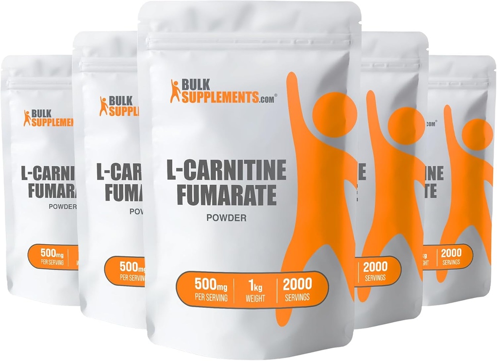 BulkSupplements.com L-karnitiin fumaraadi pulber - karnitiini lisand, karnitiinipulber, L-karnitiin 500mg - gluteenivaba, 500mg per Serving, Gluteenivaba, 5kg (11 naela) (pakk 5)