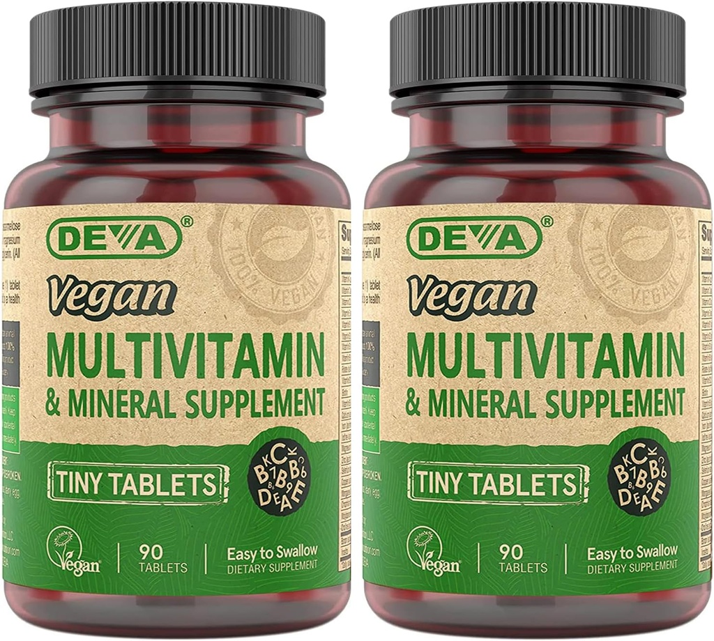 DEVA Tillukesed tabletid Vegan Multivitamiin naistele ja meestele 2-pakk rauaga, C-, E-, B-kompleksvitamiinid, tsink, 90 tabletti