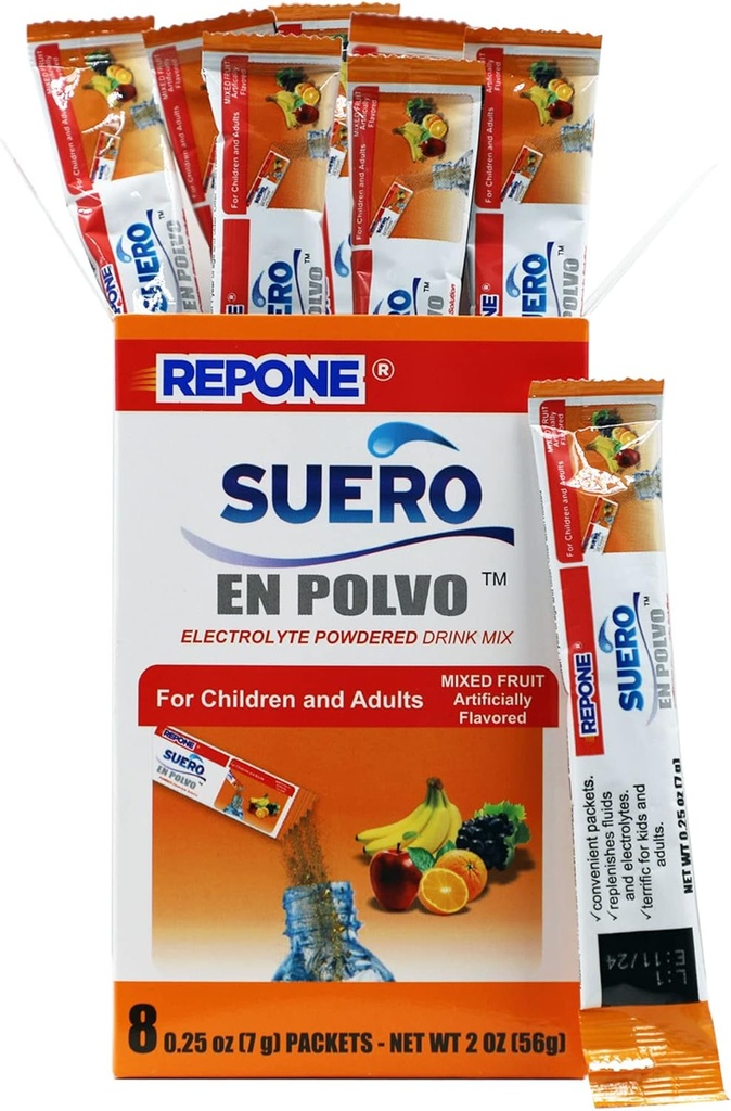 REPONE SUERO Electrolyte Powder Solution Fruit Maitse, 8 Oz Packets, 1 karp 8 pakendiga.
