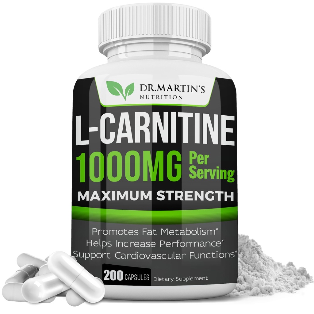 DR. MARTIN'S Toitumine Täiendav tugevus L-karnitiin - 200 kapslit - 1000 mg serveerimise kohta - Suurendage oma ainevahetust ja suurendage jõudlust