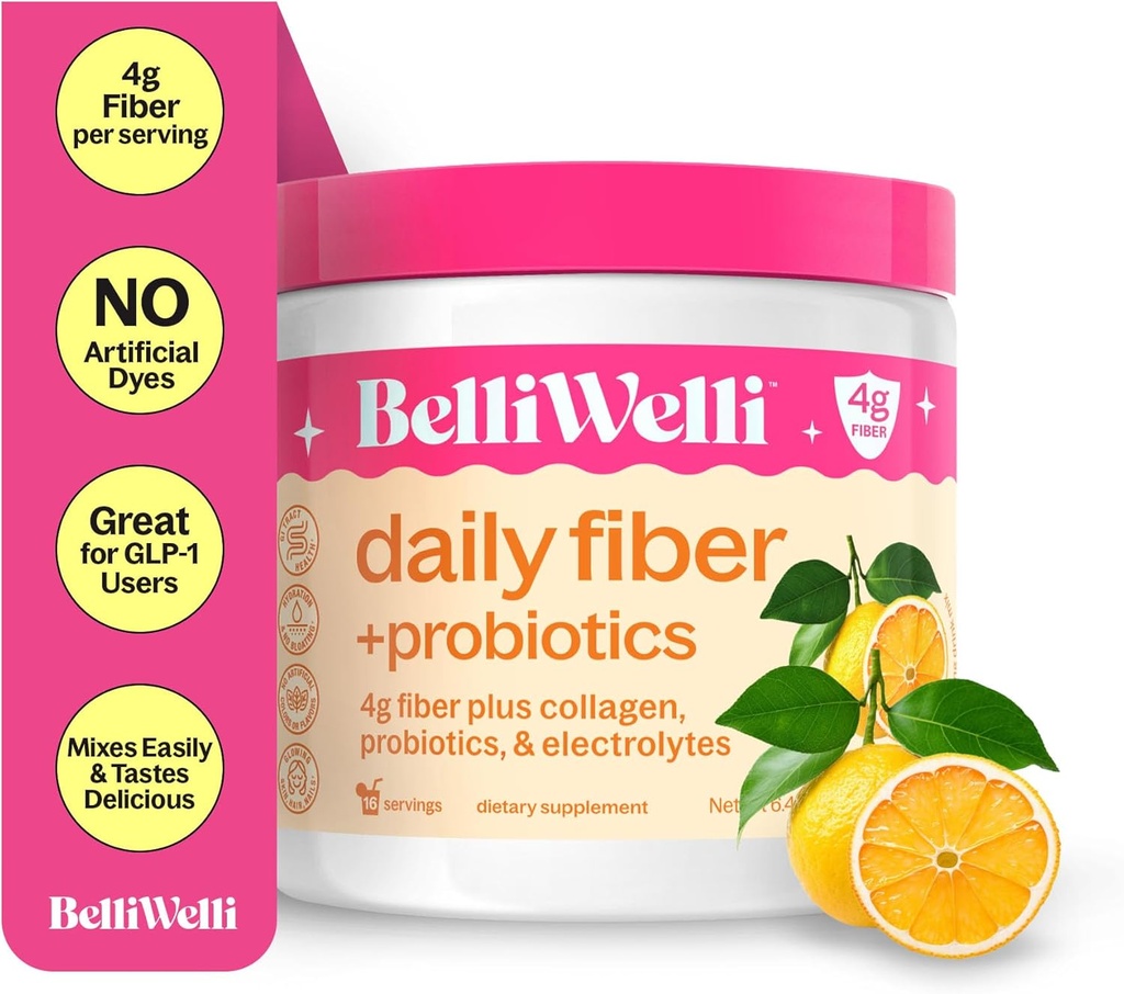 BelliWelli kiudaine lisand naistele ja meestele - Premium Daily Fiber Pulber orgaanilisest akaatsiast, millele on lisatud kollageeni, elektrolüüte ja probiootikume - No Bloat, Kõhukinnisus ja Soolestiku Tervisetoetus (Orange Yuzu)