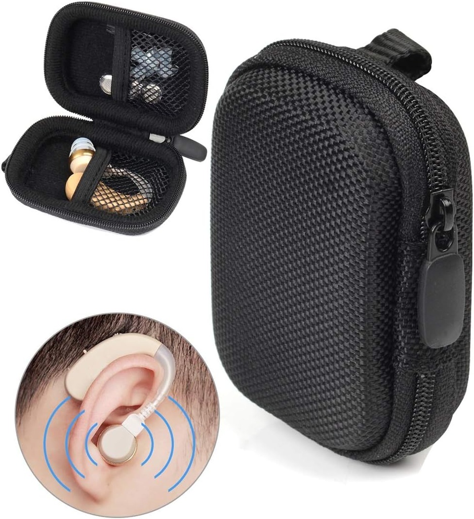 Kujundatud kaitseümbris kuulmisabi, kuulmisvõimendi, isikliku helivõimendi, kuulmisseadme, kuulamisseadme, tugeva miniümbrisega võrgutaskuga, universaalne disain (Ballistic Black)