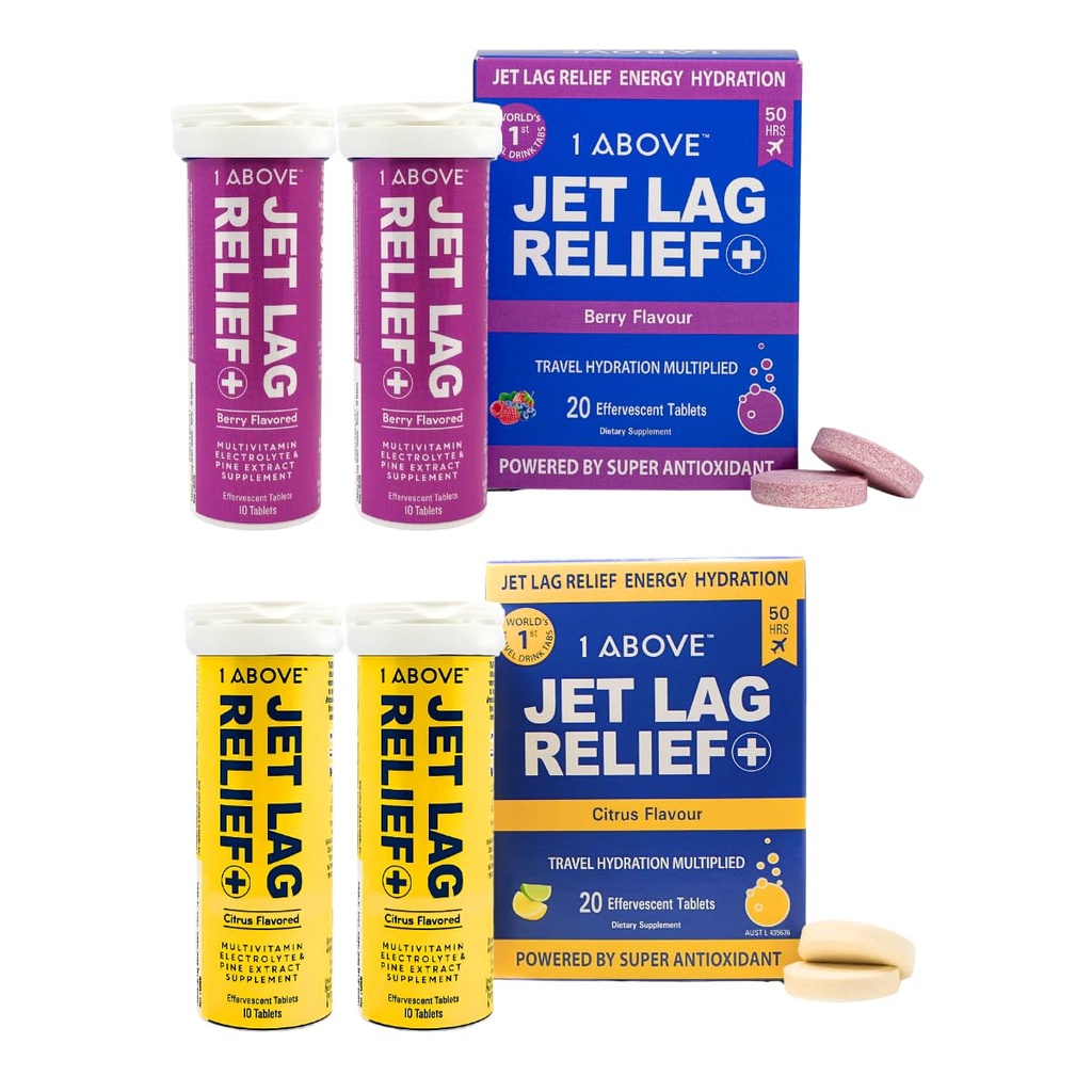 1ABOVE Jet Lag Relief Effervescent Multivitamiine Pycnogenol Reisilisa Hüdreerimise, Energia, Immuunsüsteemi Tugi ja Kiirem Taastamine - Flight Essential - Citrus 20 Count ja Berry 20 Count