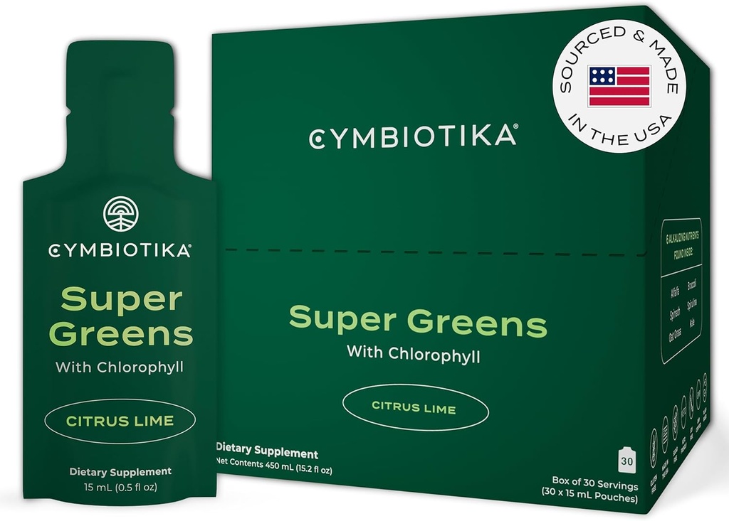CYMBIOTIKA Super Greens Supplement koos klorofülli, Spirulina, Daily Vegan Superfood paketid seedetrakti tervise, detox, energia ja immuunsüsteemi tugi, tsitruseline laimi maitse, 15 ml kotid, 30 pakendit