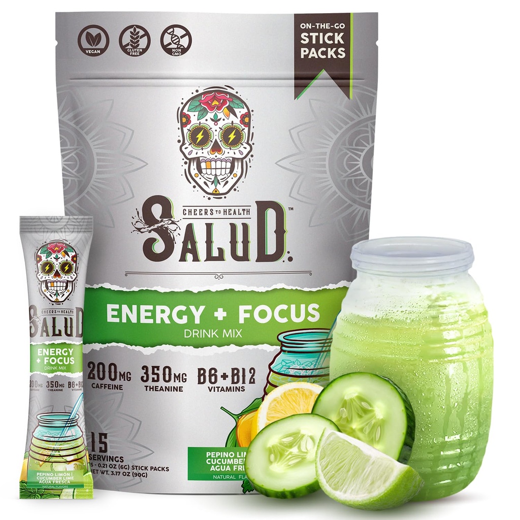Salud 2-in-1 energiajoogi pulber + fookus, kurgilubi, orgaaniline kofeiin, B6 + B12, Theanine, puhta energia joogipakendid, Agua Fresca segu, mitte-GMO, Gluteenivaba, vegan, 1 g suhkrut, (15 serveerimist)