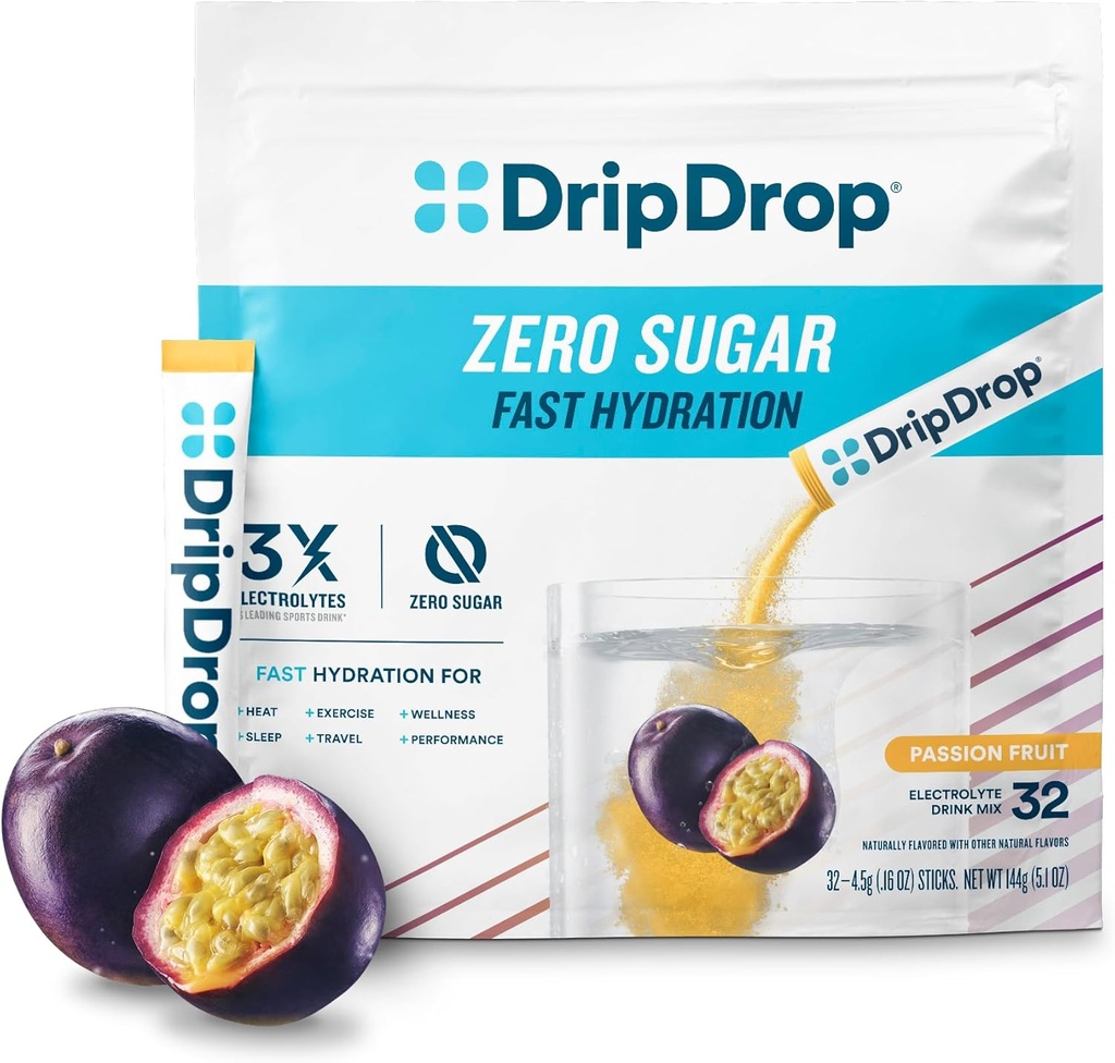 DripDrop Sugar Free Hydration Packets - Zero Passion Fruit - Single Serve Electrolytes Powder Drink Mix - Non-GMO, Gluteenivaba, Vegan - 32 Sticks