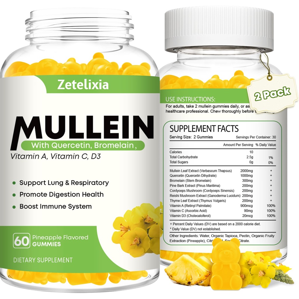 Mullein Gummies for Clear Lungs, 10 in 1 Mullein Leaf Extract for Lungs, Mullein Quercetin Gummies for Lung Cleanse, Respiratory, Immune, Ananassimaitse, 120 Count