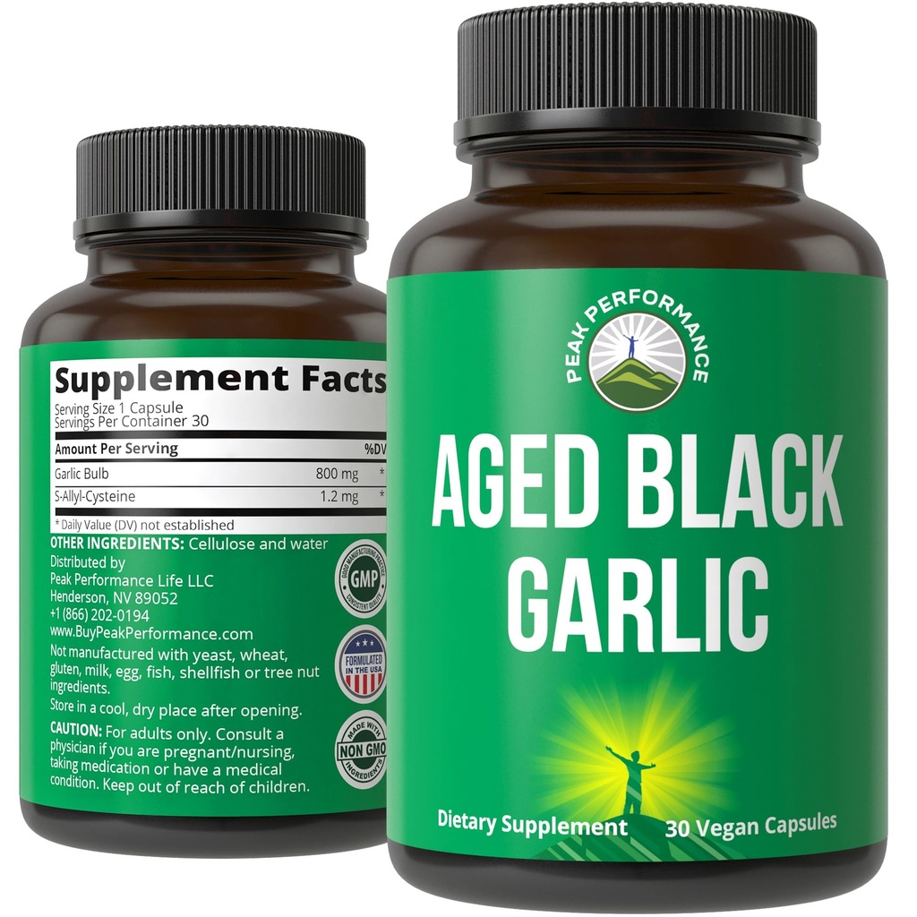 Peak Performance Aged Black Garlic kapslid. Toores Vegan Pure Lõhnatu Ekstraktsiooni Täiendavad Pillid Kolesterooli Ja Immuunsüsteemi Toetus. alates Küüslaugu Bulb S-Allyl Cysteine ja Antioksüdandid