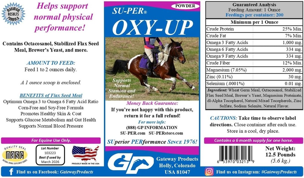 SU-PER Oxy-Up Performance Horse Supplement - toetab normaalset vastupidavust ja vastupidavust - Nisuidude ekstrakt, B-kompleksi vitamiinid, magneesium - 12,5 naela, 6 kuu pakkumine