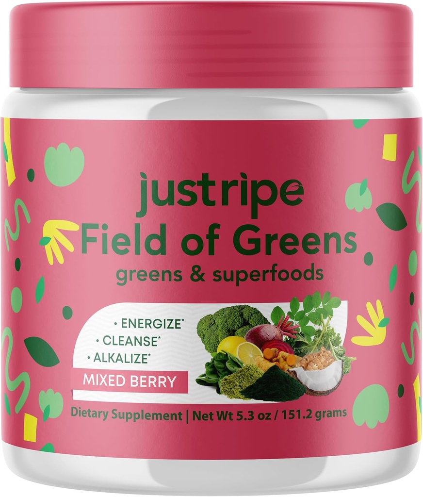 Field of Greens Superfood Pulber orgaaniline Spirulina, Chlorella, Beet Root Powder - Bacillus Coagulans Probiootikum, A Plant-Based Mix Toetab Soolestiku Tervis, Immunity, 28 Scoops - segatud Berry