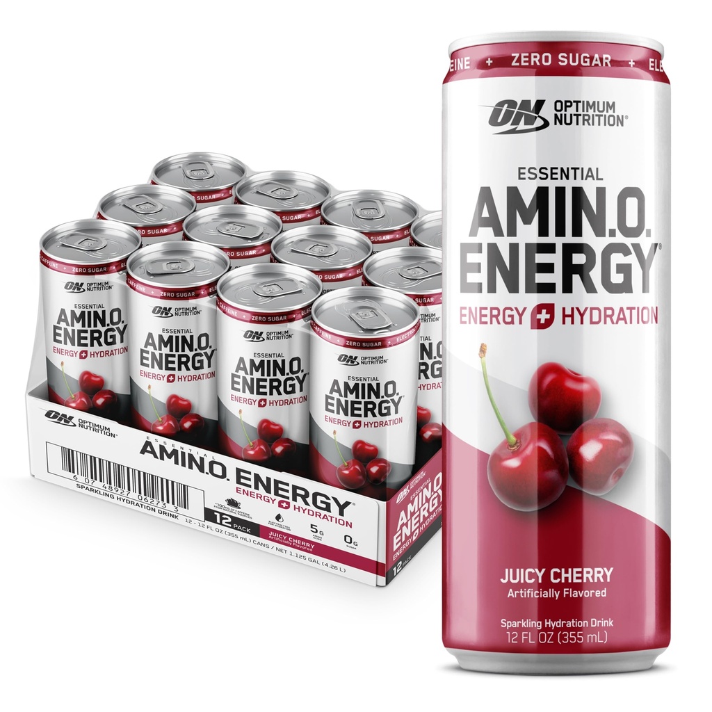 Optimaalne toitumine Amino Energy Sparkling Hüdrastusjook, elektrolüüdid, kofeiin, aminohapped, BCAA-d, suhkruvaba, mahlane kirss, 12 Fl Oz, 12 Pack (pakendamine võib varieeruda)