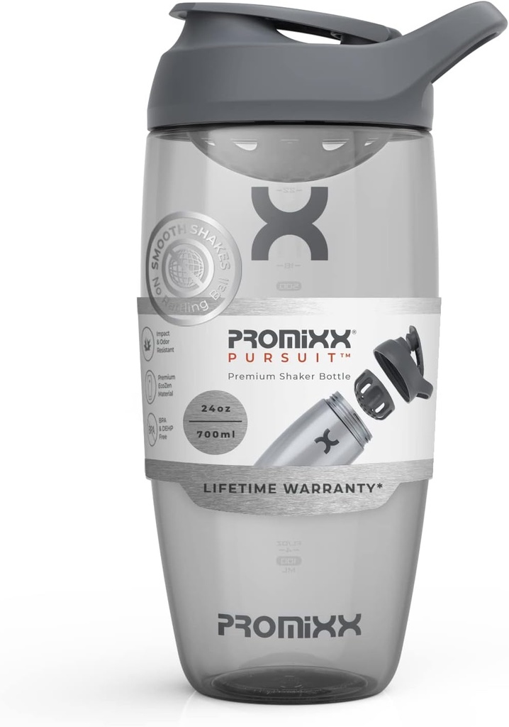 Promixx Pursuit Protein Shaker Bottle (24 oz) – Silent No-Ball Mixer, Leak-Proof Lid, BPA/BPS & Phtalaat-Free ECOZEN – Easy-Clean Shaker Cup for Protein Shakes, Pre & Post-Workout Smoothies