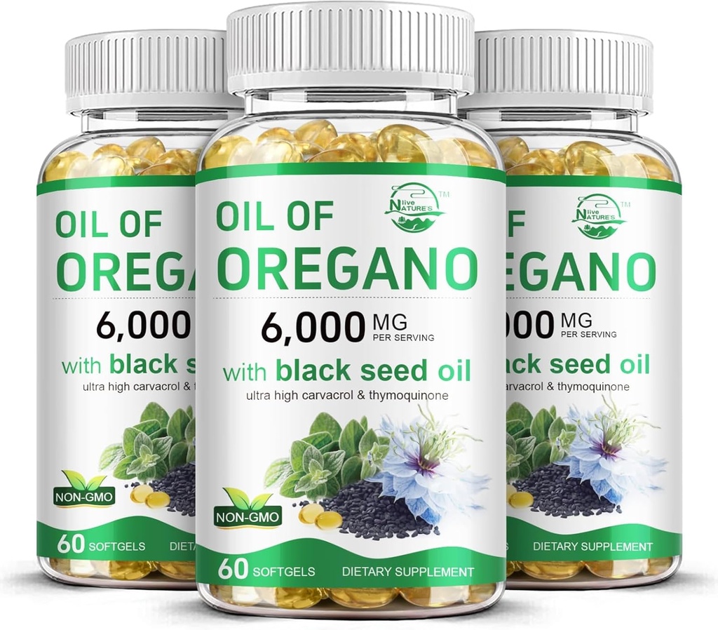 Looduse elus Oregano õli musta seemne õliga, 2 in 1 Oregano toidulisand immuunsüsteemi tervise jaoks, säilitab kõrge kontsentratsiooniga karvakrooli ja tümokinooni, mitte-GMO, 3 pakendit
