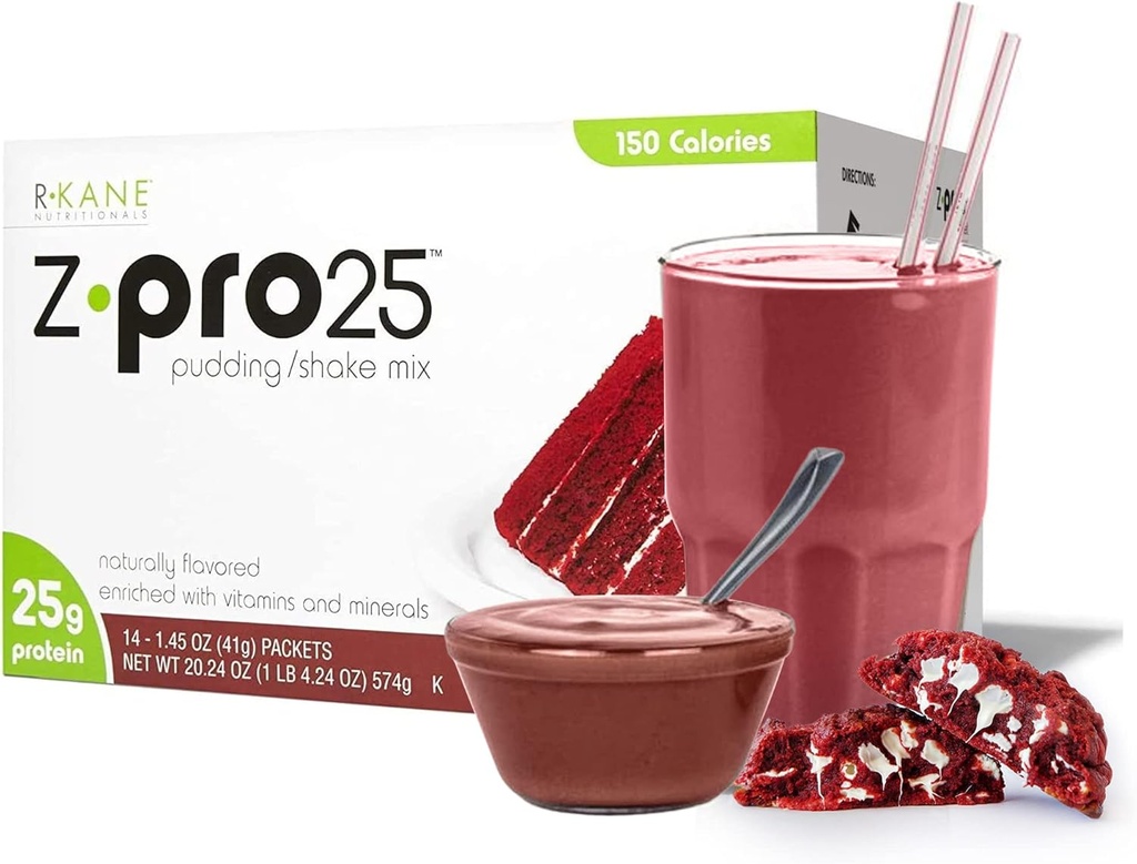R-Kane Nutritionals Z-Pro Red Velvet valgujoogisegu - kõrge valgu, madala kalorsusega madala rasvasisaldusega raputus ja pudingisegu - toidu asendamine, On-The-Go pakendid - Hommikusöögi suurendamine - 25 g valku - 14 pakendit