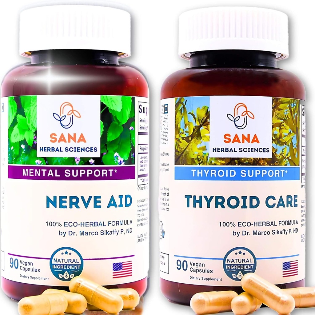 Natural Sleep Aid & Thyroid Renew | 9 orgaanilised maitsetaimed ja merevetikad | Valerian Juur, kilpnäärme tugi ja hormonaalne tasakaal Kelp | 1350 mg ühe serveerimise kohta | Sana Herbal