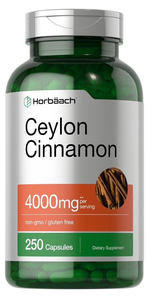 Horbäach Ceylon Cinnamon Capsules 4000mg | 250 Count | Non- GMO, Gluteenivaba