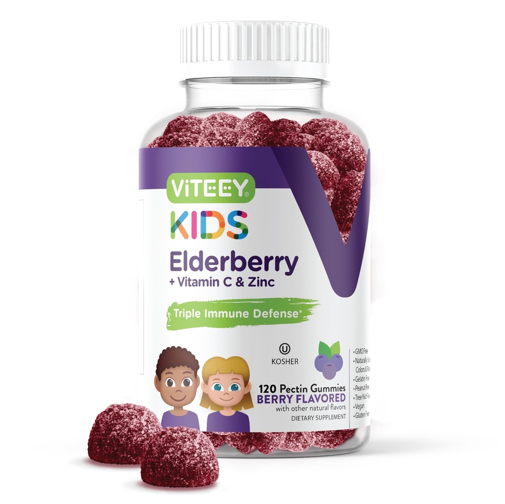 Viteey Sambucus Elderberry Gummies for Kids Immune Support Supplements with Vitamiin D3 & Vitamiin C 3-1 Immune Booster - Taimetoitlane, želatiinivaba, Gluteenivaba, GMO-vaba - Maitsev näritav marjamaitseline