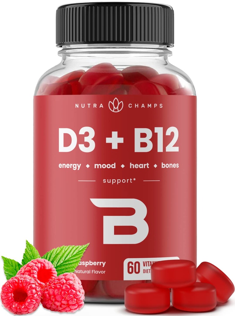 NutraChamps Vitamiin D3 ja B12, Metüül B12 Gummies täiskasvanutele ja lastele, täiustatud vitamiin D 3 ja B9 Vitamiin Folaat, looduslik energia, meeleolu, ainevahetus ja fookus, Vaarika, 60 Gummies